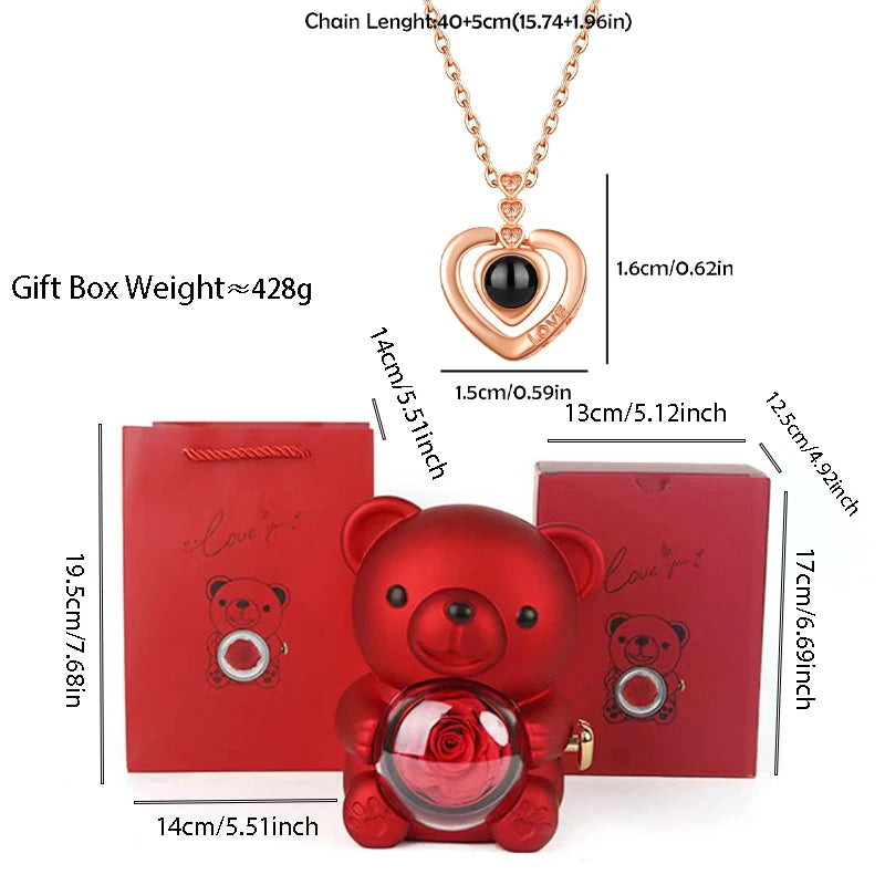 I Love You Necklace with Bear & Rose