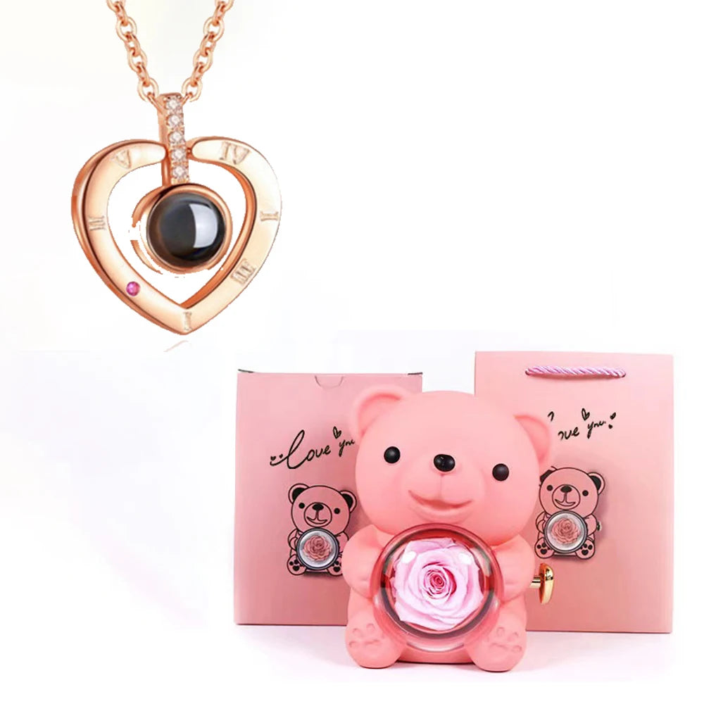 I Love You Necklace with Bear & Rose