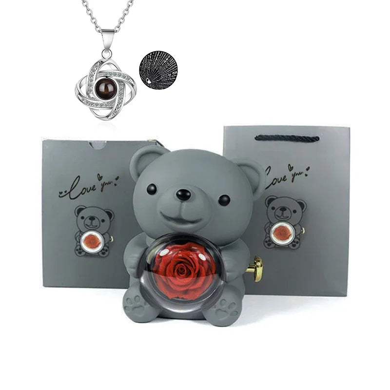 Eternal Rose Bear with 100 Languages Necklace