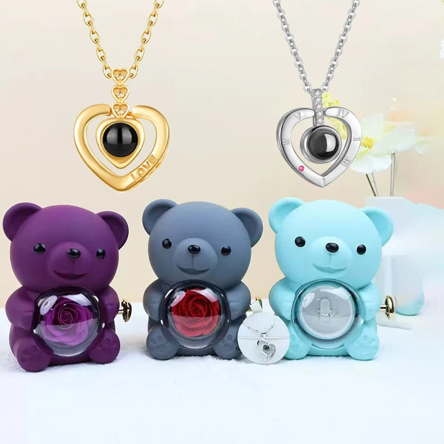 I Love You Necklace with Bear & Rose