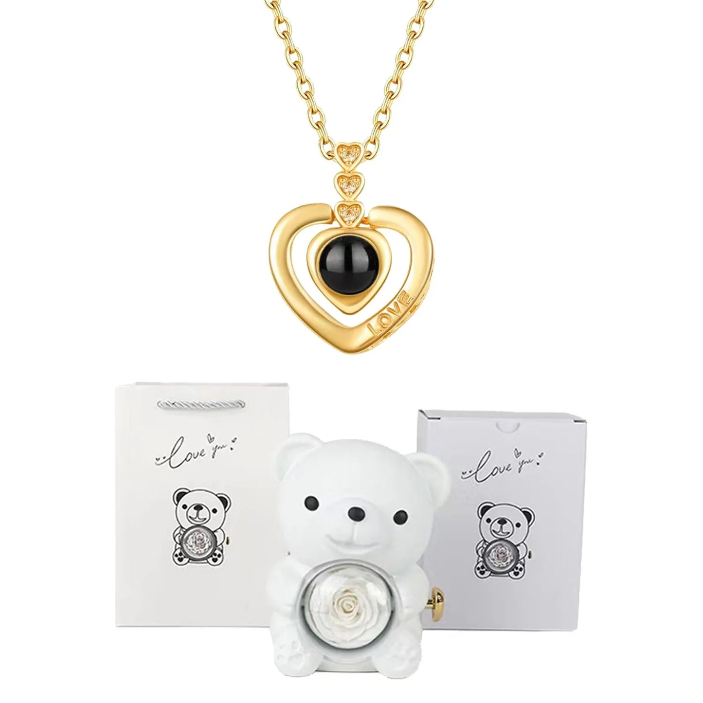 I Love You Necklace with Bear & Rose