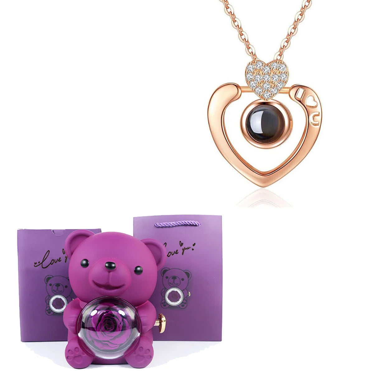 Luxury Bear Rose Gift with Picture Necklace
