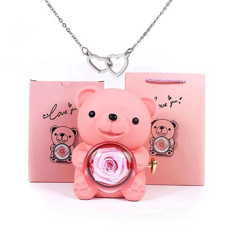 Stainless Steel Necklace with Rose Bear