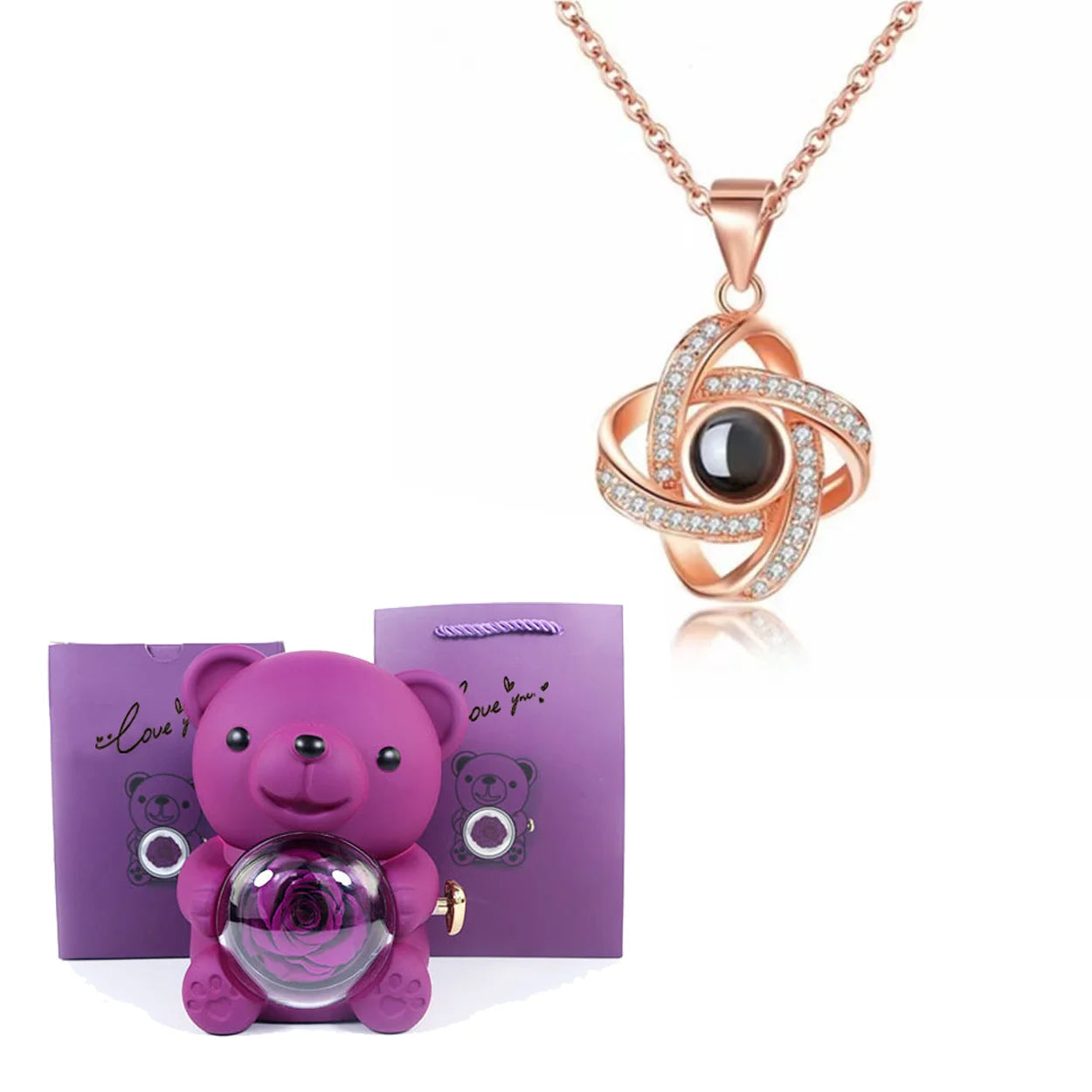 Luxury Bear Rose Gift with Picture Necklace