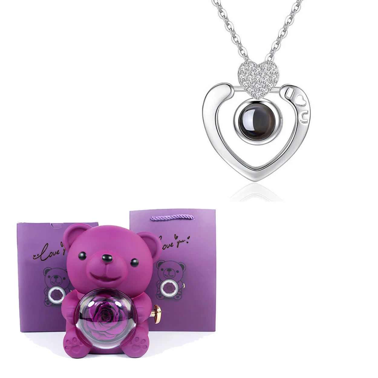 Luxury Bear Rose Gift with Picture Necklace