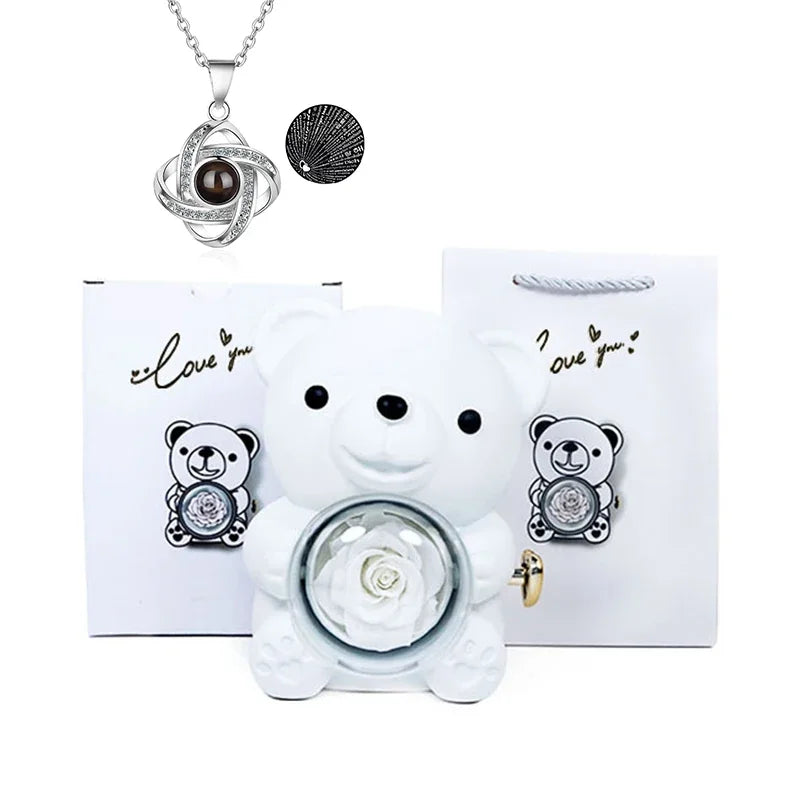Eternal Rose Bear with 100 Languages Necklace