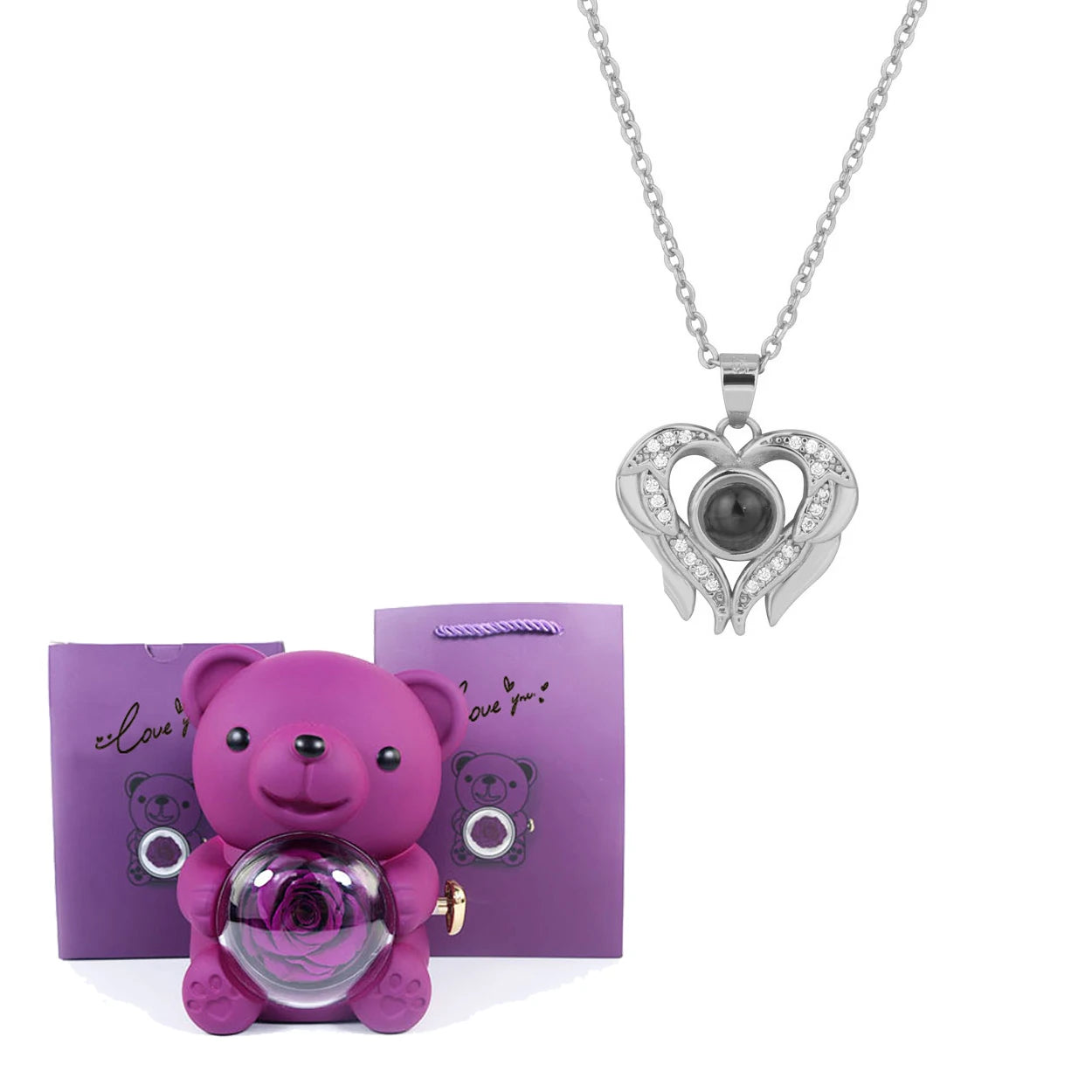 Luxury Bear Rose Gift with Picture Necklace