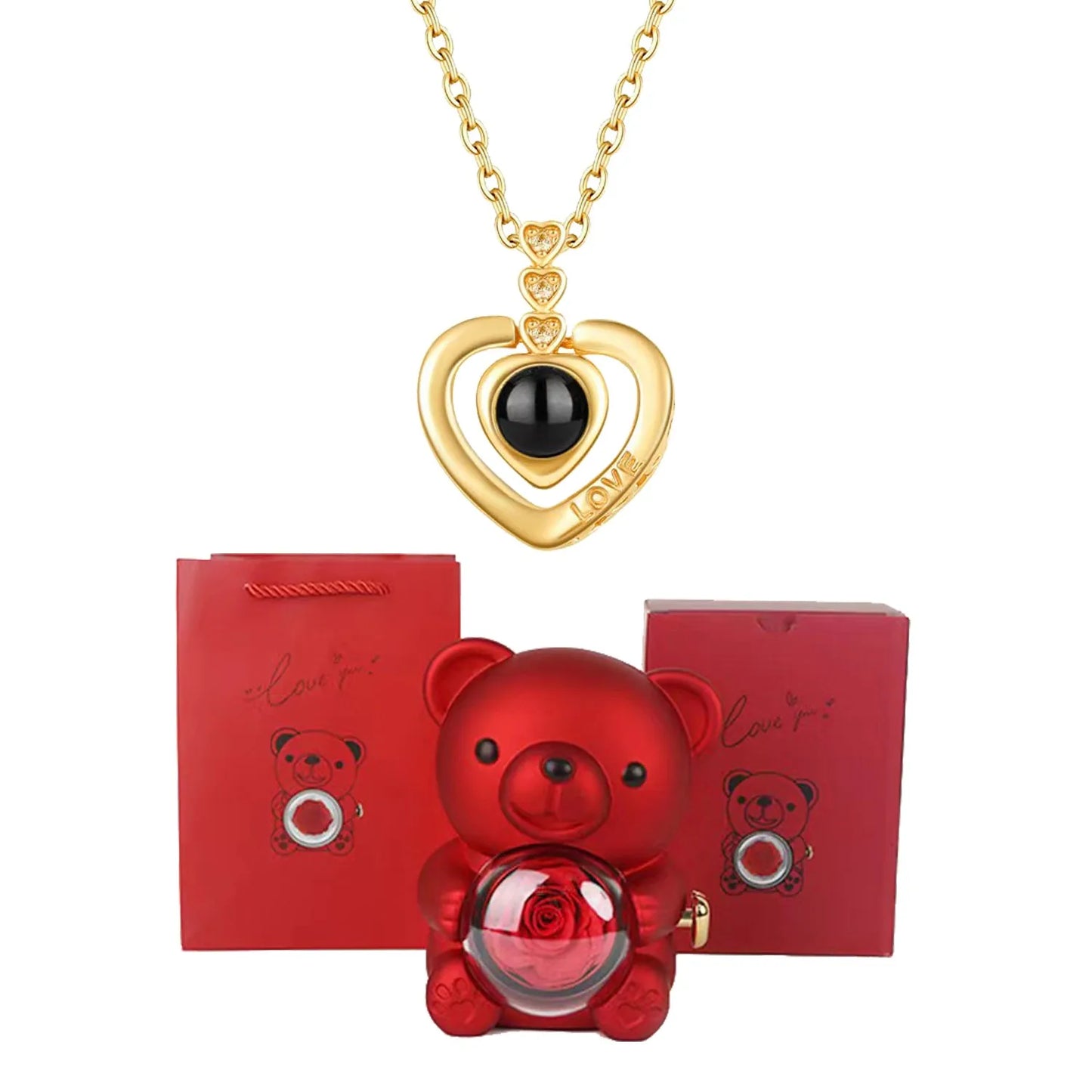 I Love You Necklace with Bear & Rose