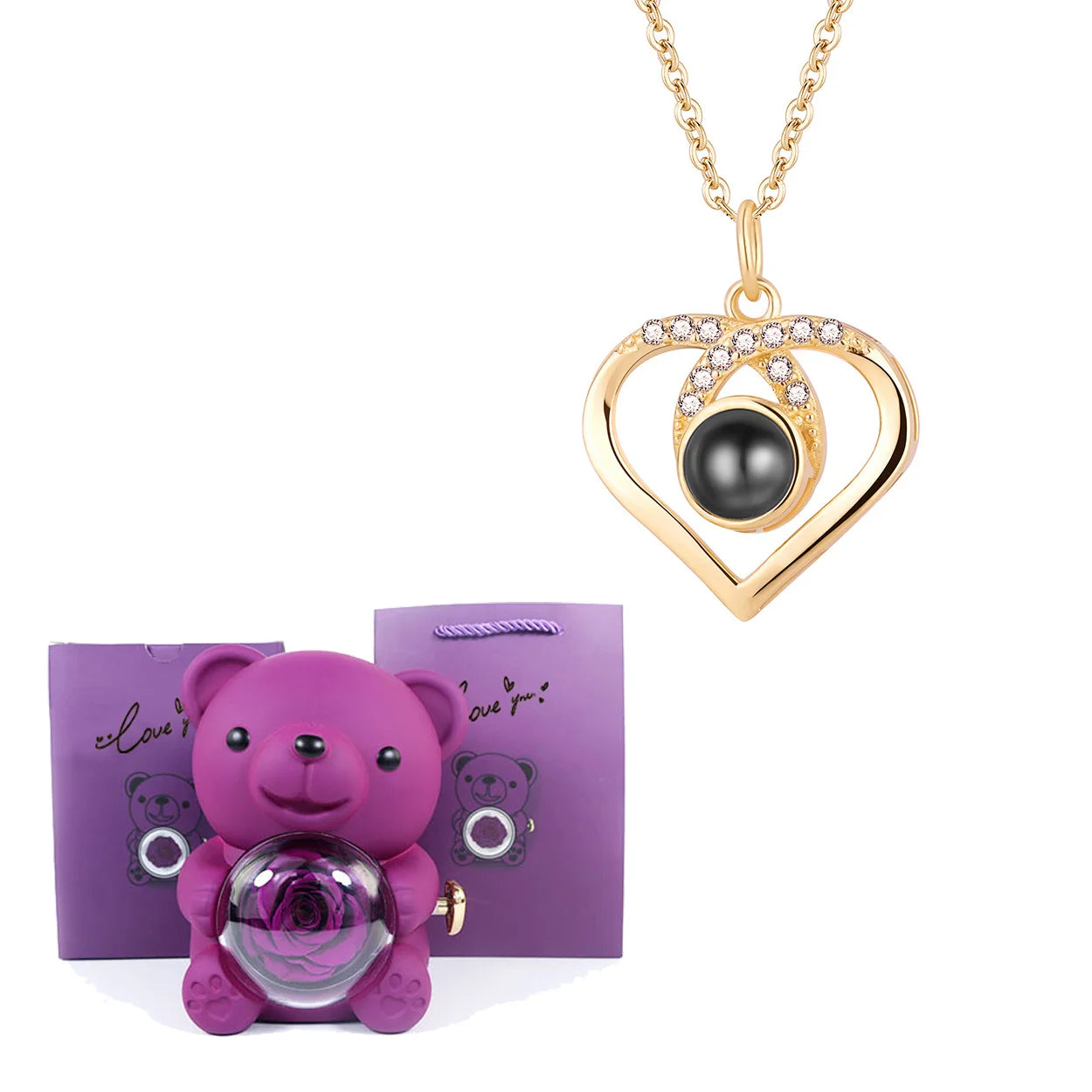 Luxury Bear Rose Gift with Picture Necklace