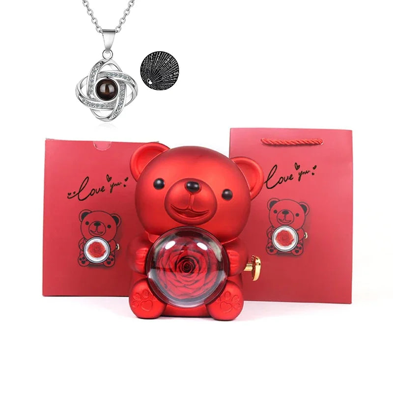 Eternal Rose Bear with 100 Languages Necklace