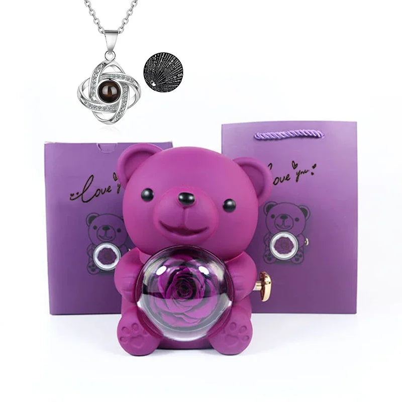 Eternal Rose Bear with 100 Languages Necklace