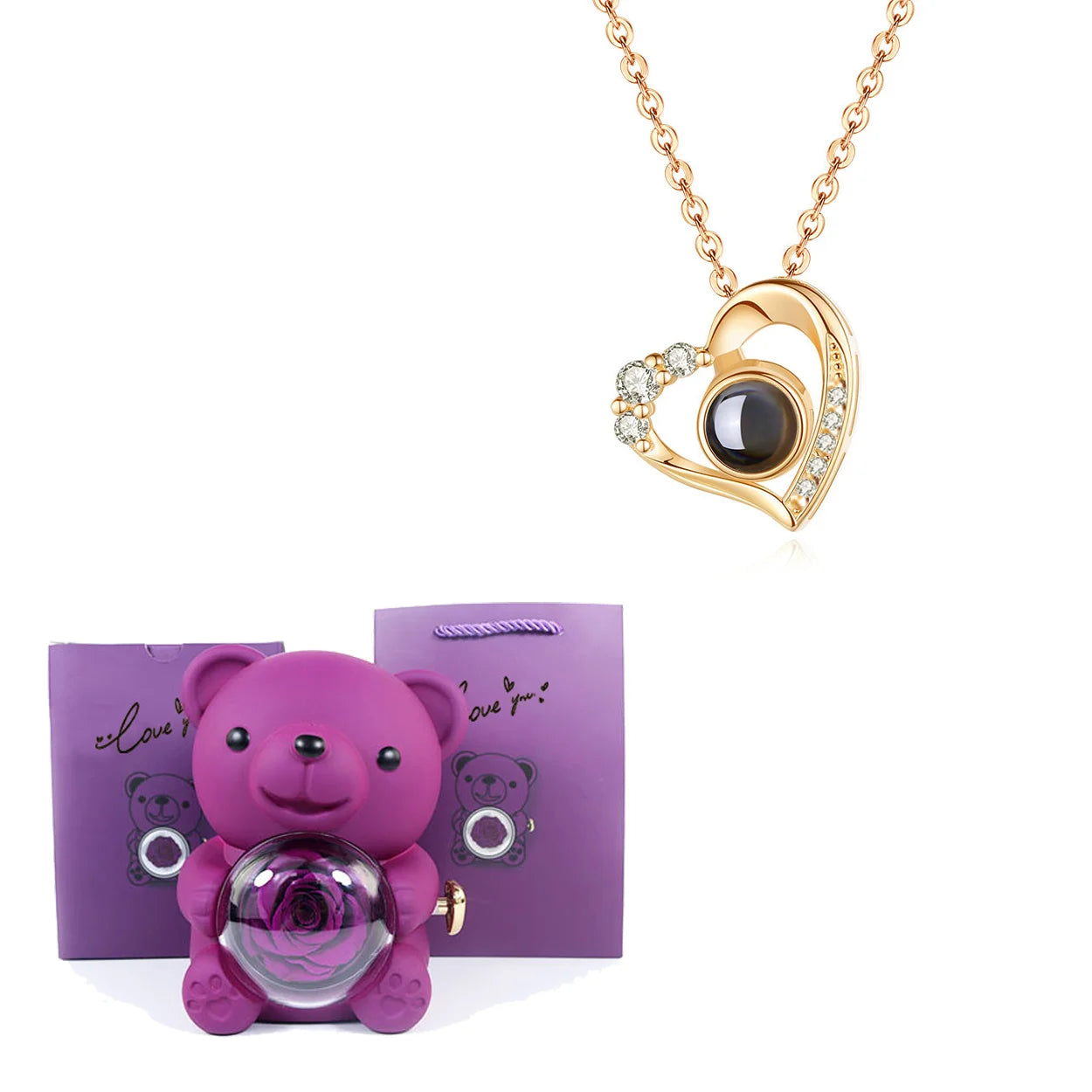 Luxury Bear Rose Gift with Picture Necklace