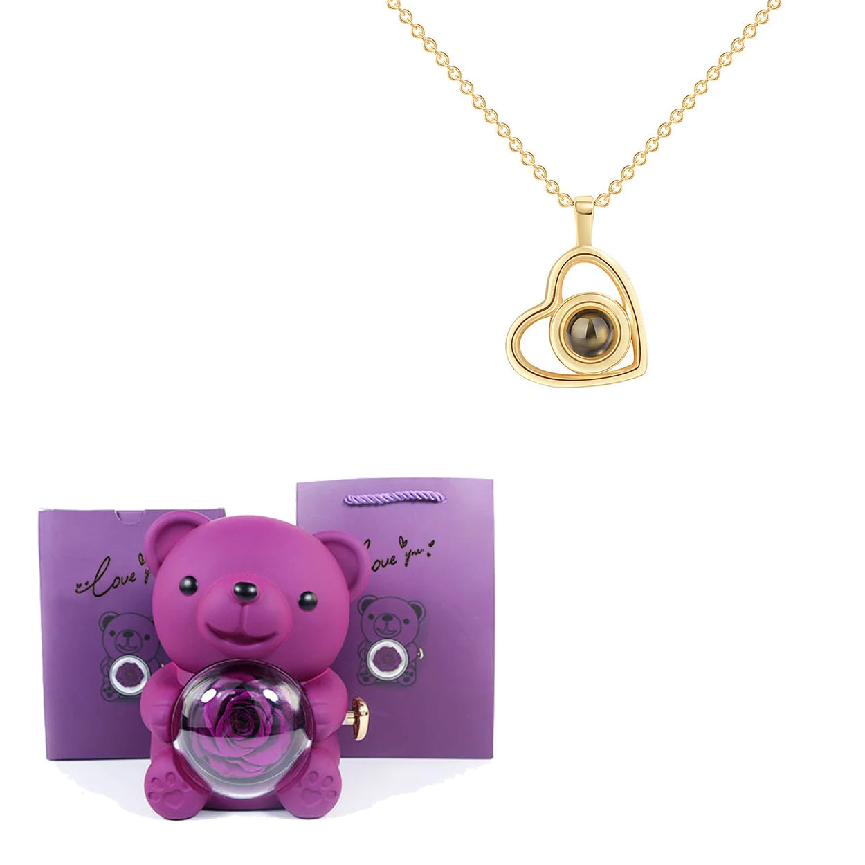 Luxury Bear Rose Gift with Picture Necklace