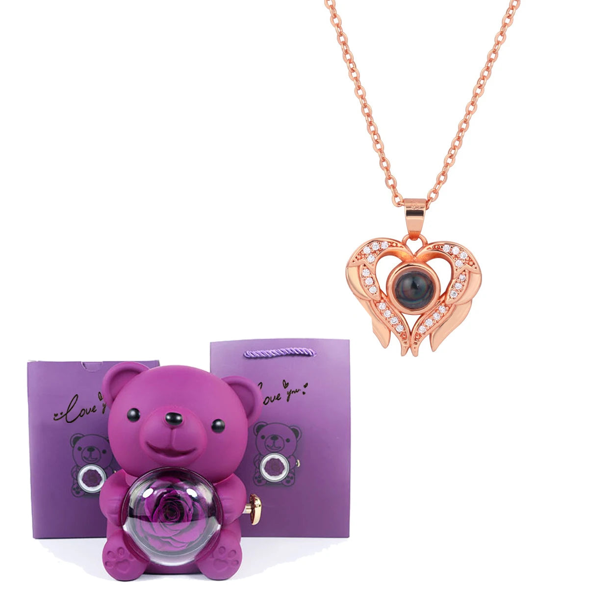 Luxury Bear Rose Gift with Picture Necklace