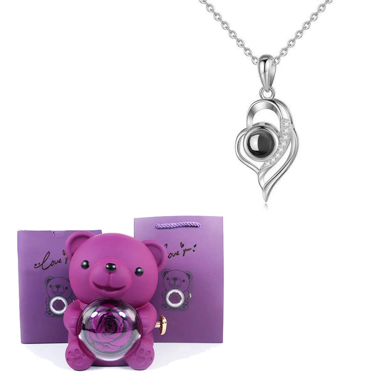 Luxury Bear Rose Gift with Picture Necklace