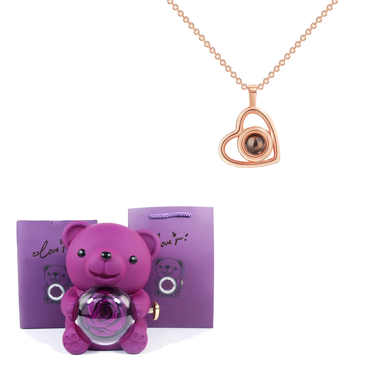 Luxury Bear Rose Gift with Picture Necklace