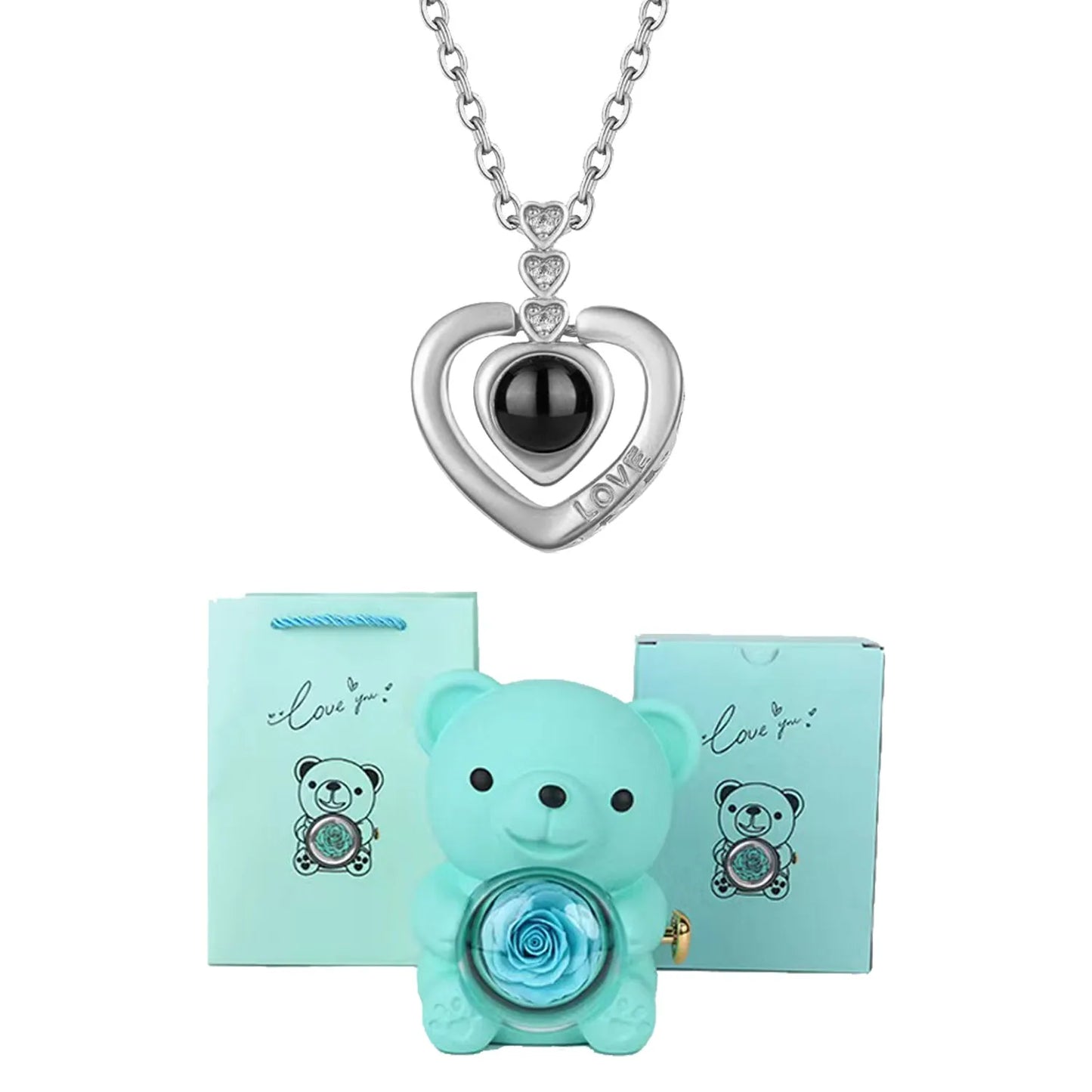 I Love You Necklace with Bear & Rose