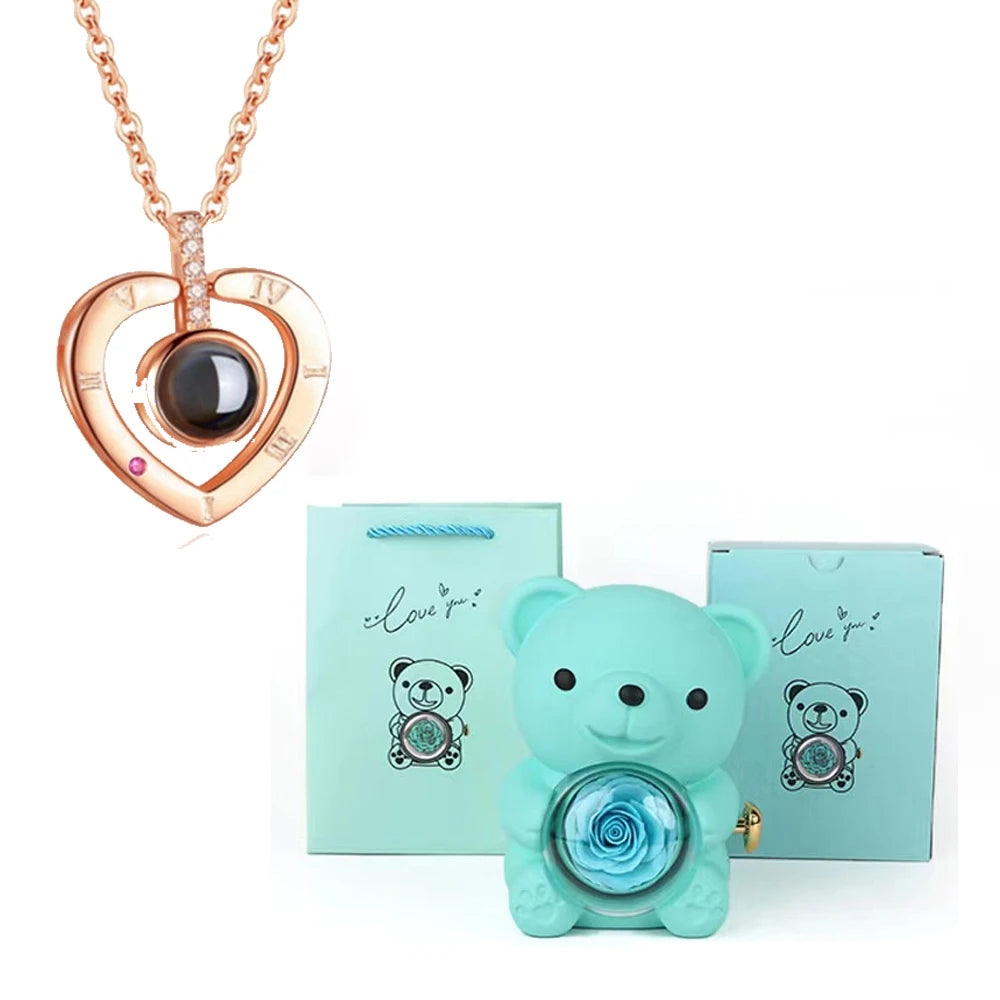 I Love You Necklace with Bear & Rose