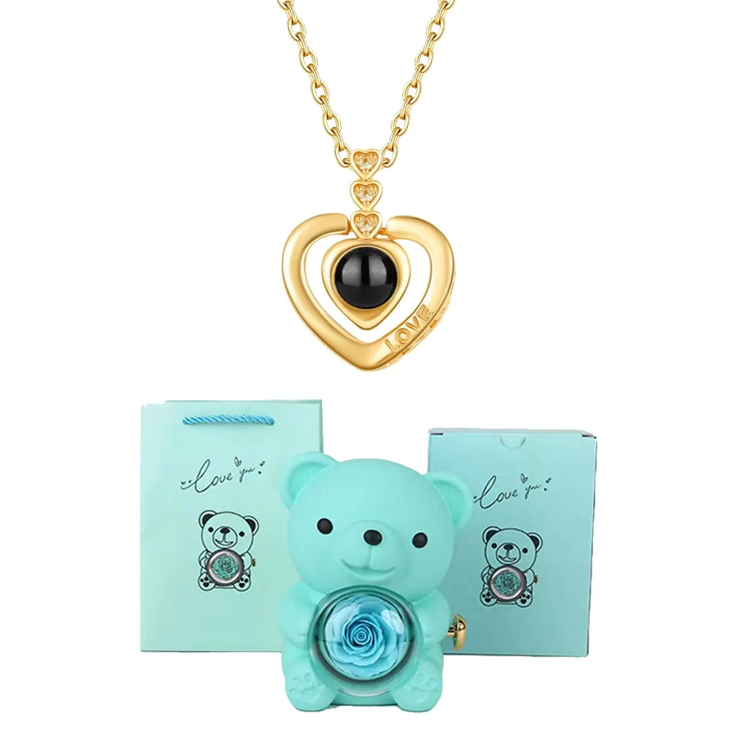 I Love You Necklace with Bear & Rose