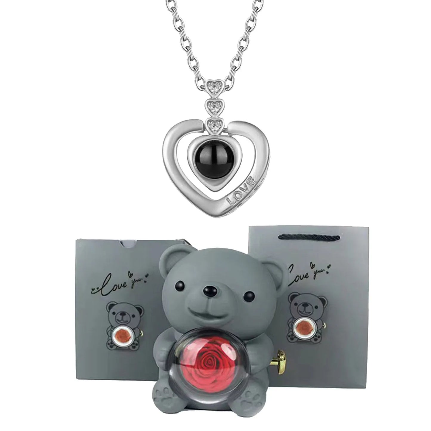 I Love You Necklace with Bear & Rose