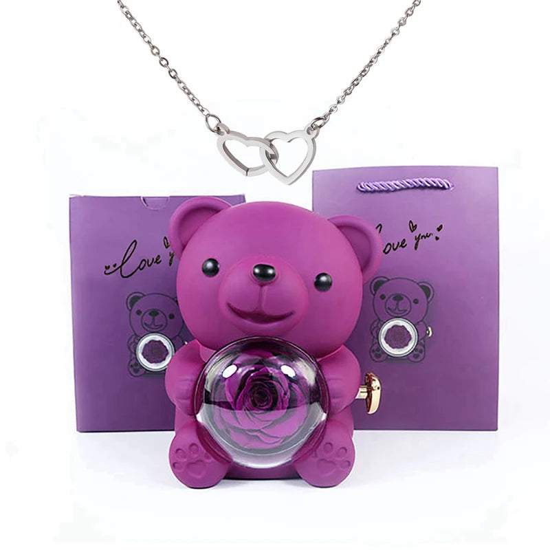 Stainless Steel Necklace with Rose Bear