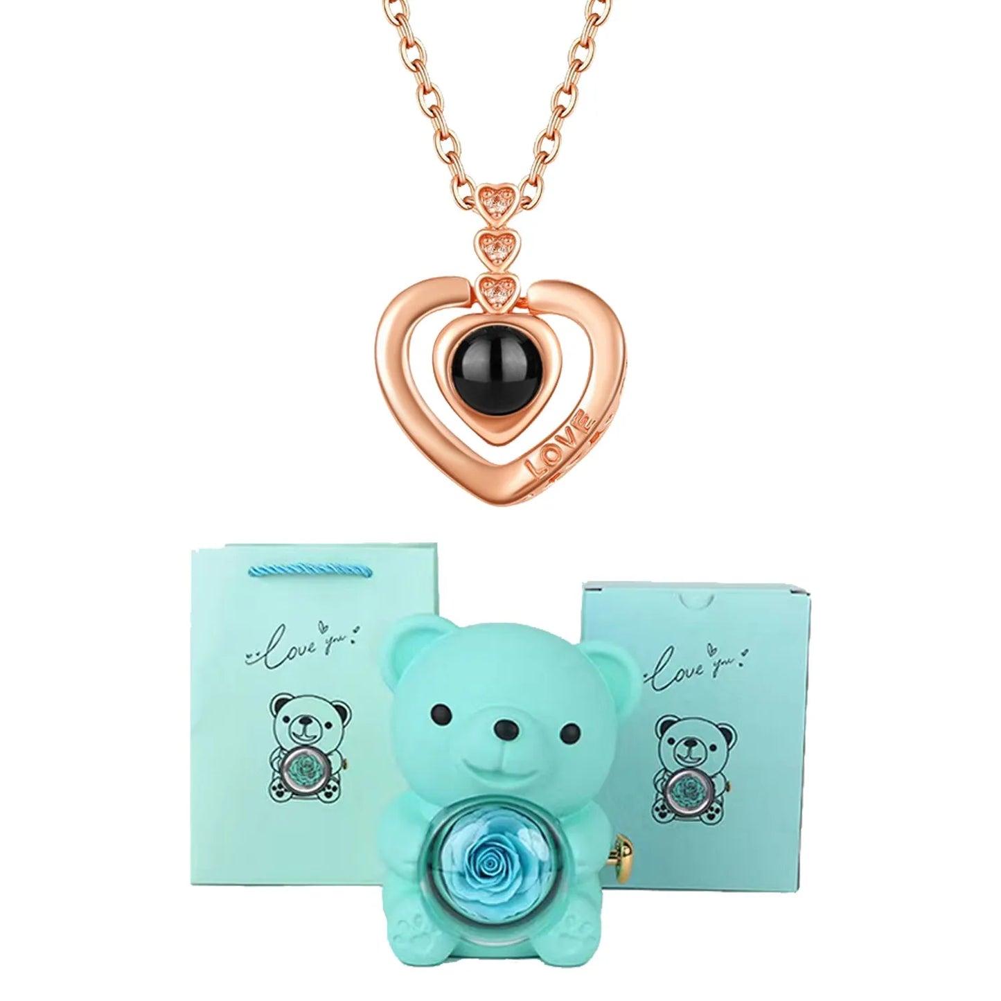 I Love You Necklace with Bear & Rose