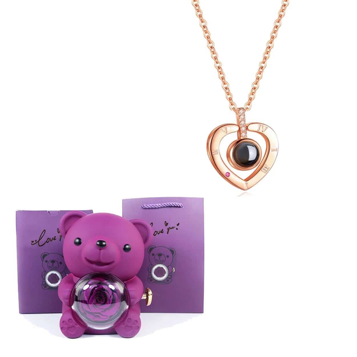 Luxury Bear Rose Gift with Picture Necklace