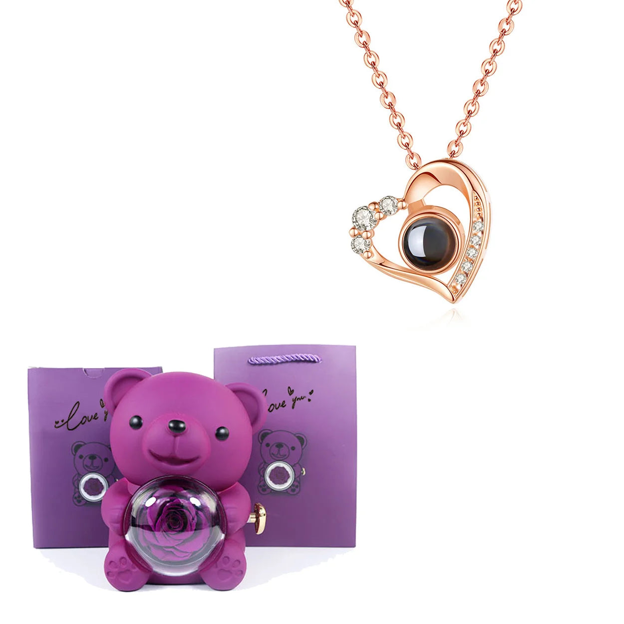 Luxury Bear Rose Gift with Picture Necklace