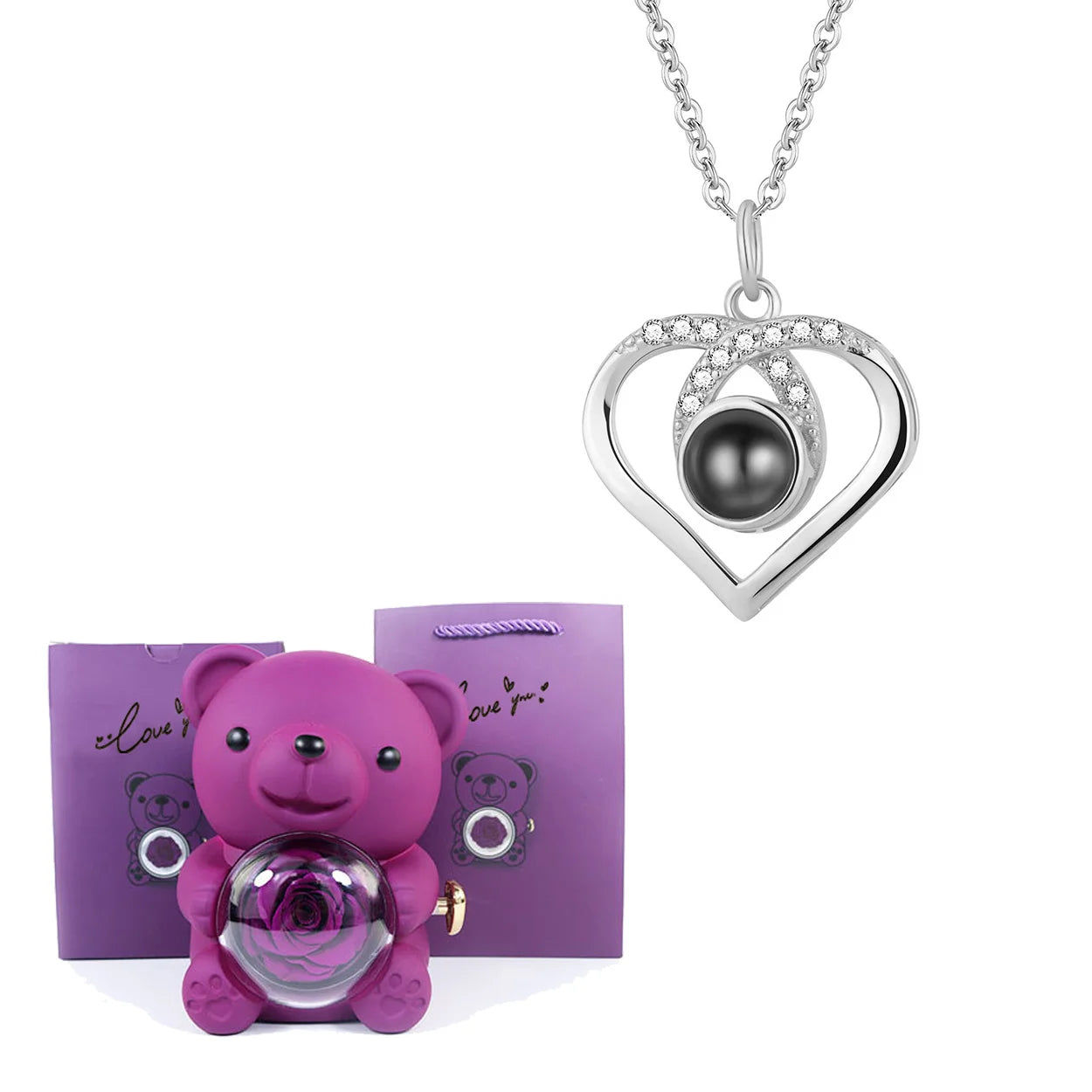 Luxury Bear Rose Gift with Picture Necklace