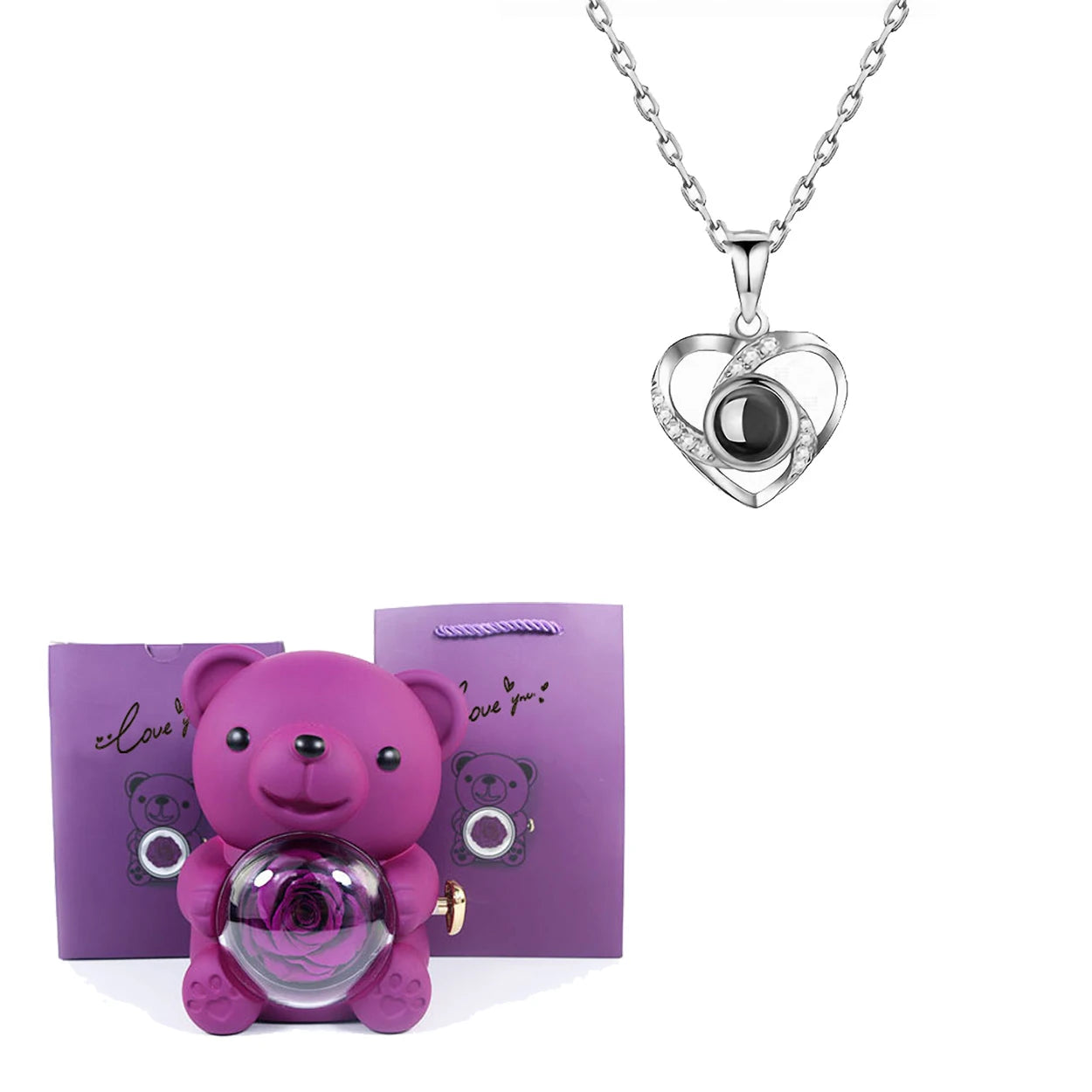 Luxury Bear Rose Gift with Picture Necklace