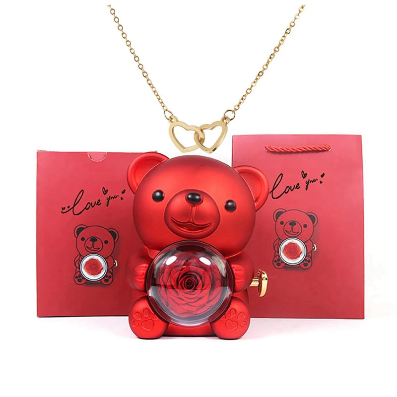 Stainless Steel Necklace with Rose Bear