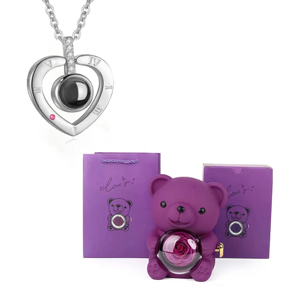 I Love You Necklace with Bear & Rose