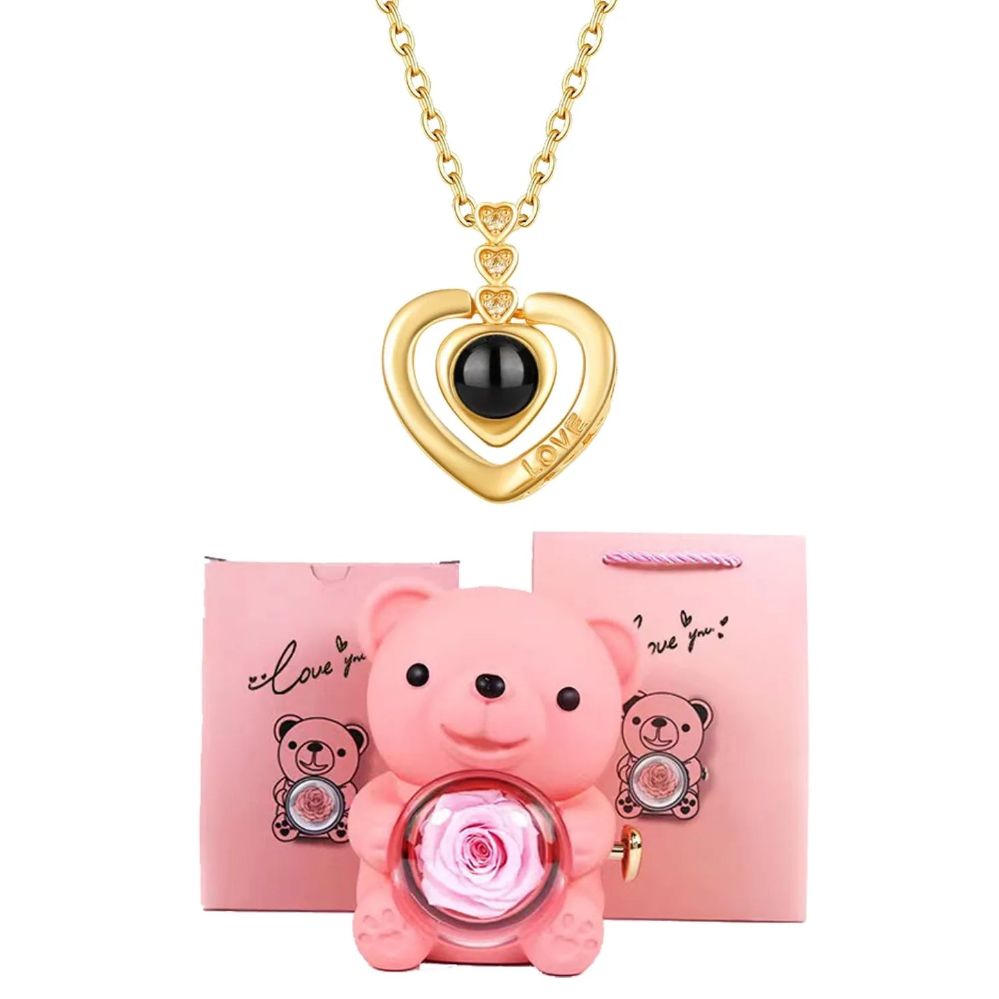 I Love You Necklace with Bear & Rose