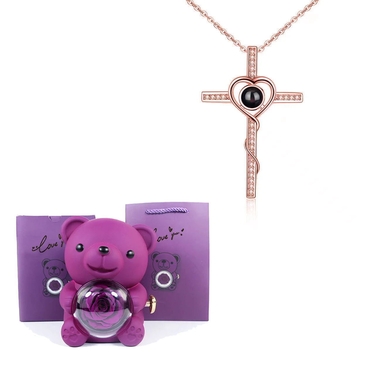 Luxury Bear Rose Gift with Picture Necklace