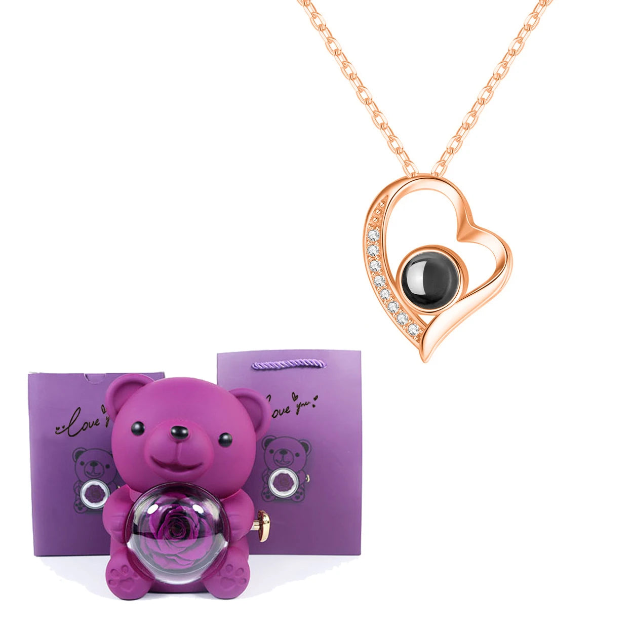 Luxury Bear Rose Gift with Picture Necklace