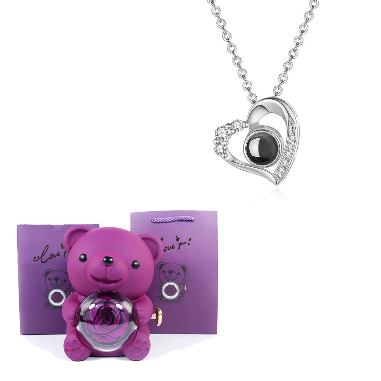 Luxury Bear Rose Gift with Picture Necklace