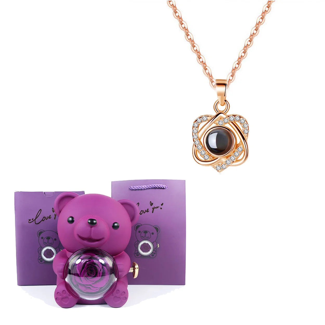 Luxury Bear Rose Gift with Picture Necklace