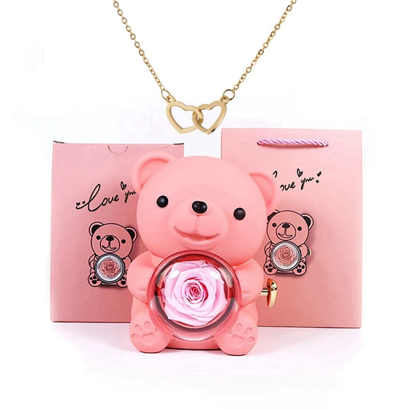 Stainless Steel Necklace with Rose Bear