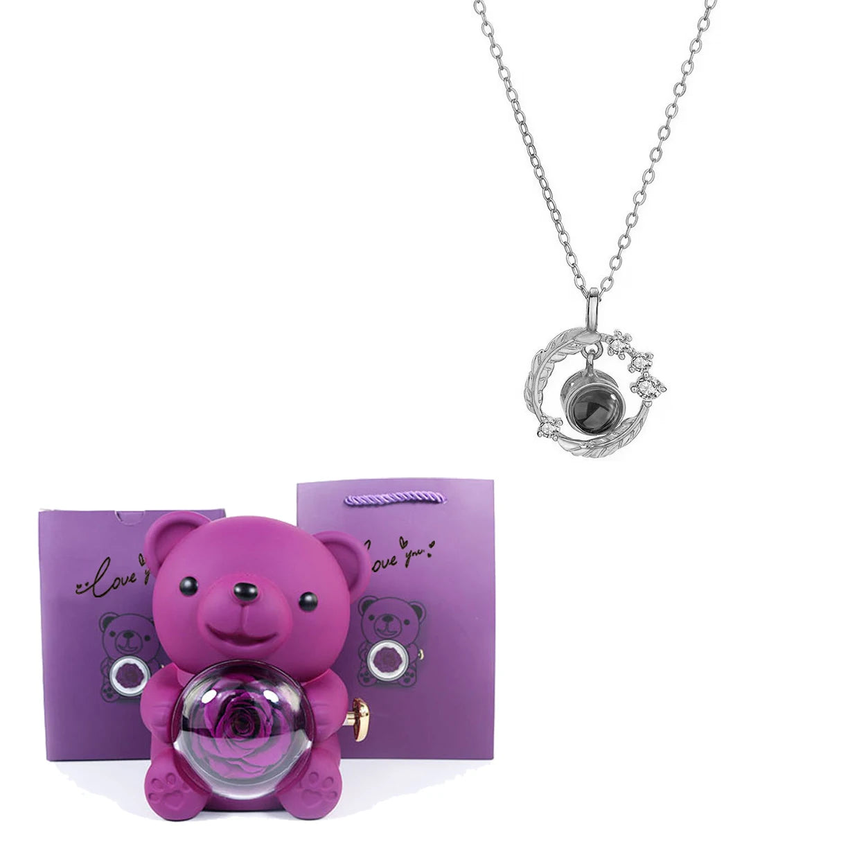 Luxury Bear Rose Gift with Picture Necklace