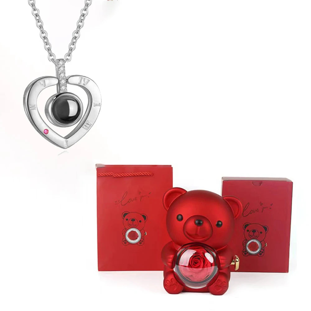 I Love You Necklace with Bear & Rose
