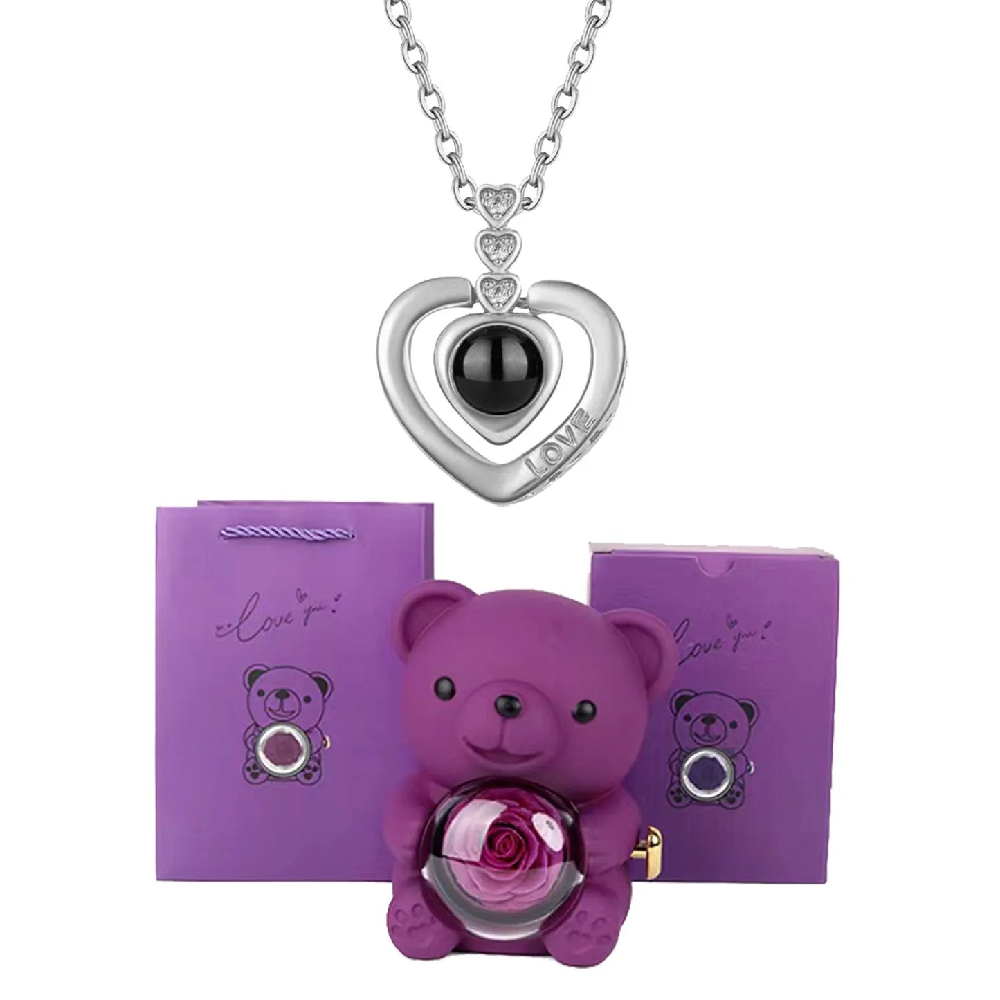 I Love You Necklace with Bear & Rose