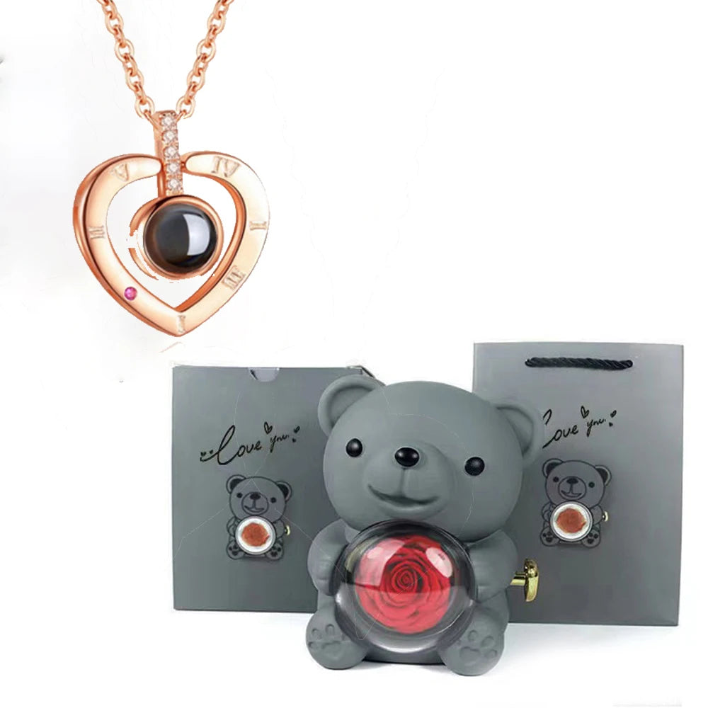 I Love You Necklace with Bear & Rose