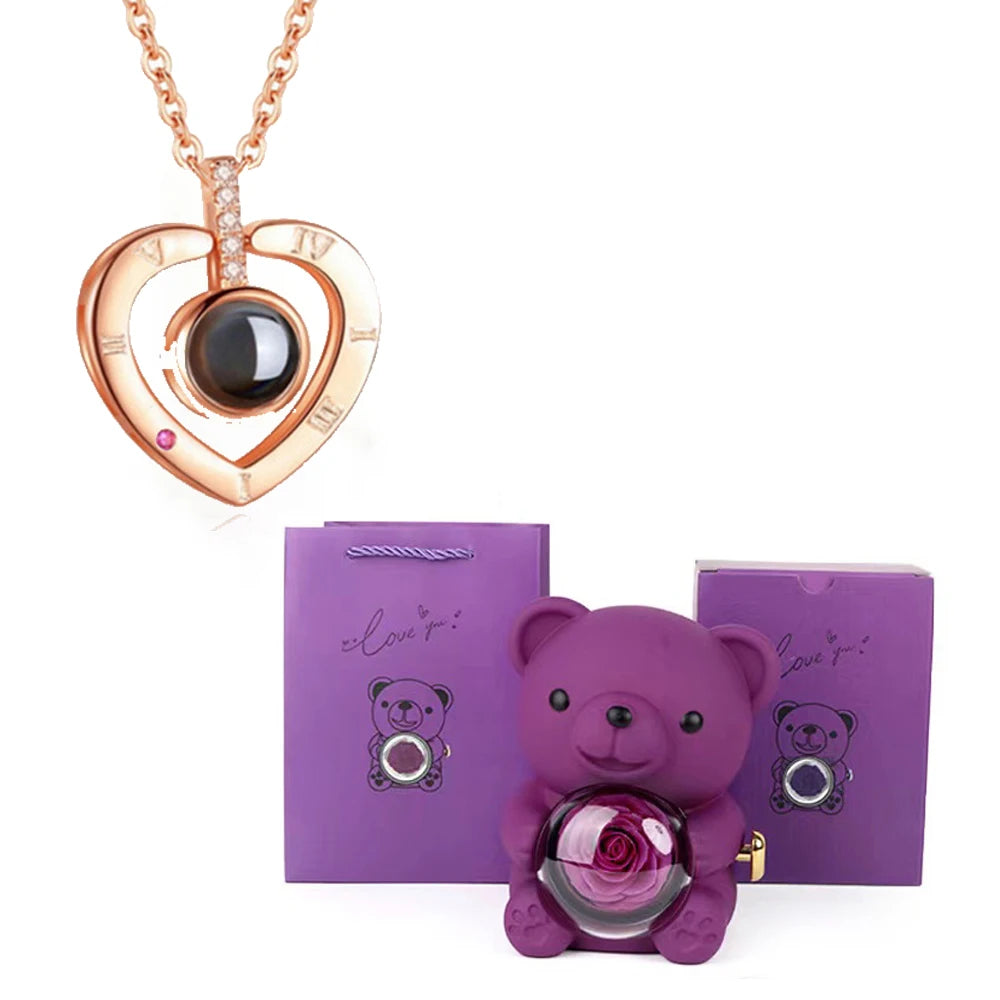 I Love You Necklace with Bear & Rose