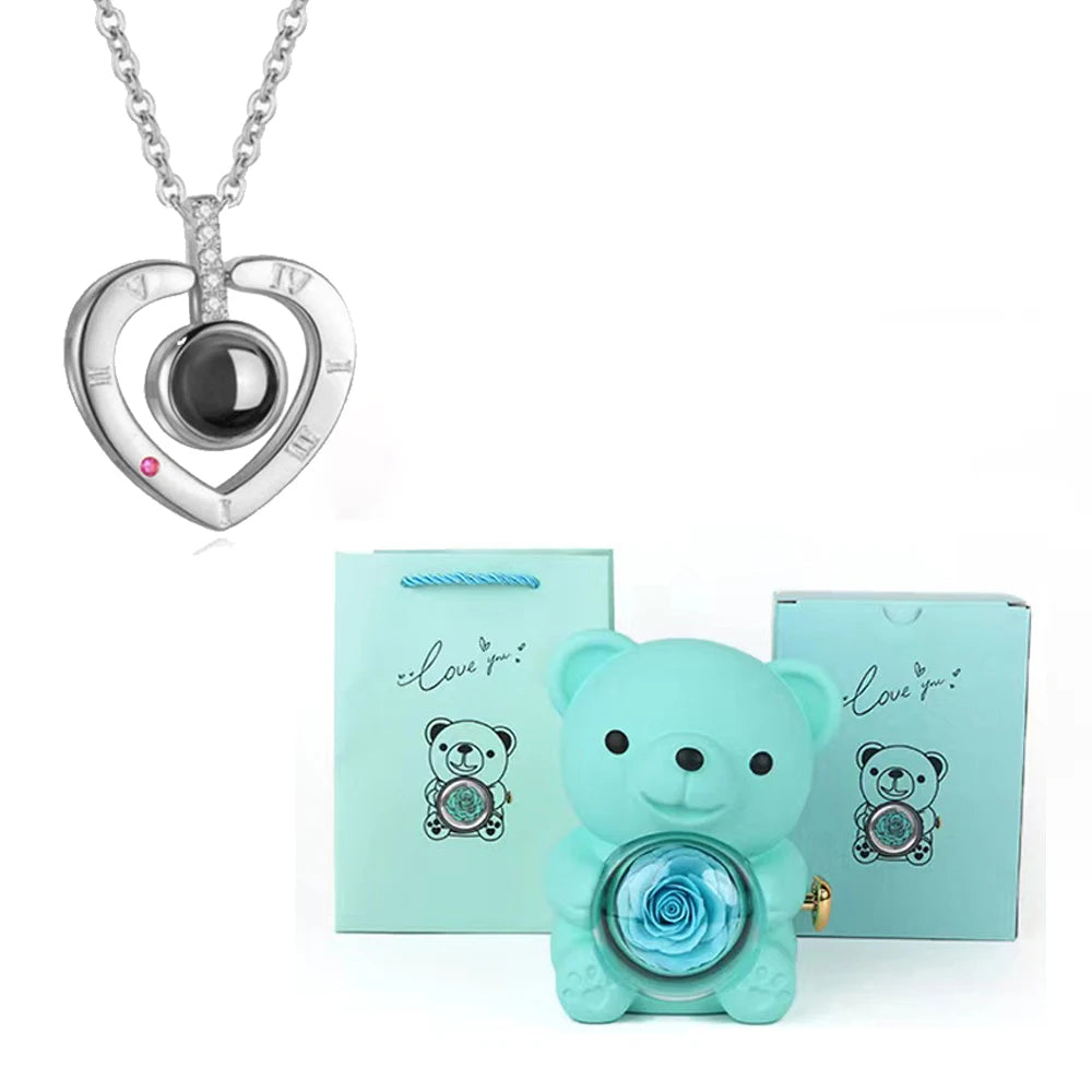 I Love You Necklace with Bear & Rose