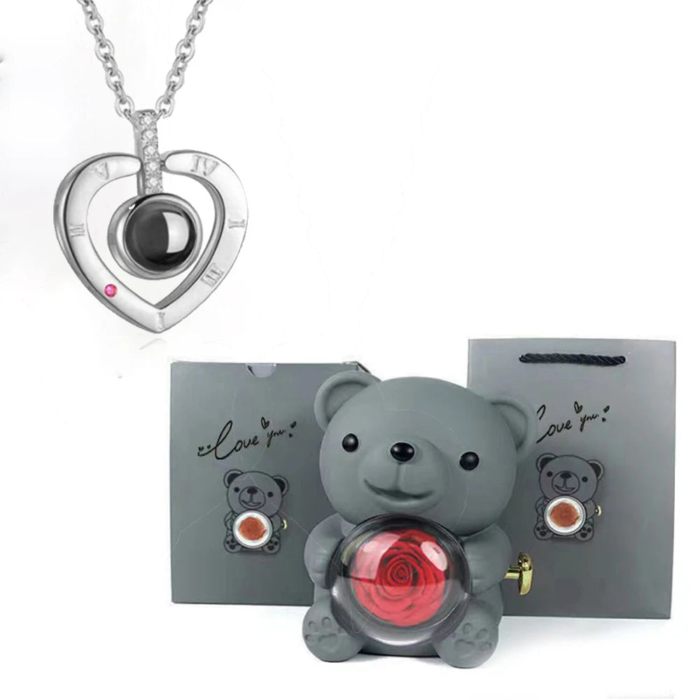 I Love You Necklace with Bear & Rose