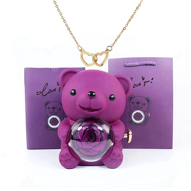 Stainless Steel Necklace with Rose Bear