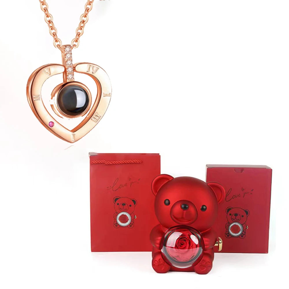 I Love You Necklace with Bear & Rose