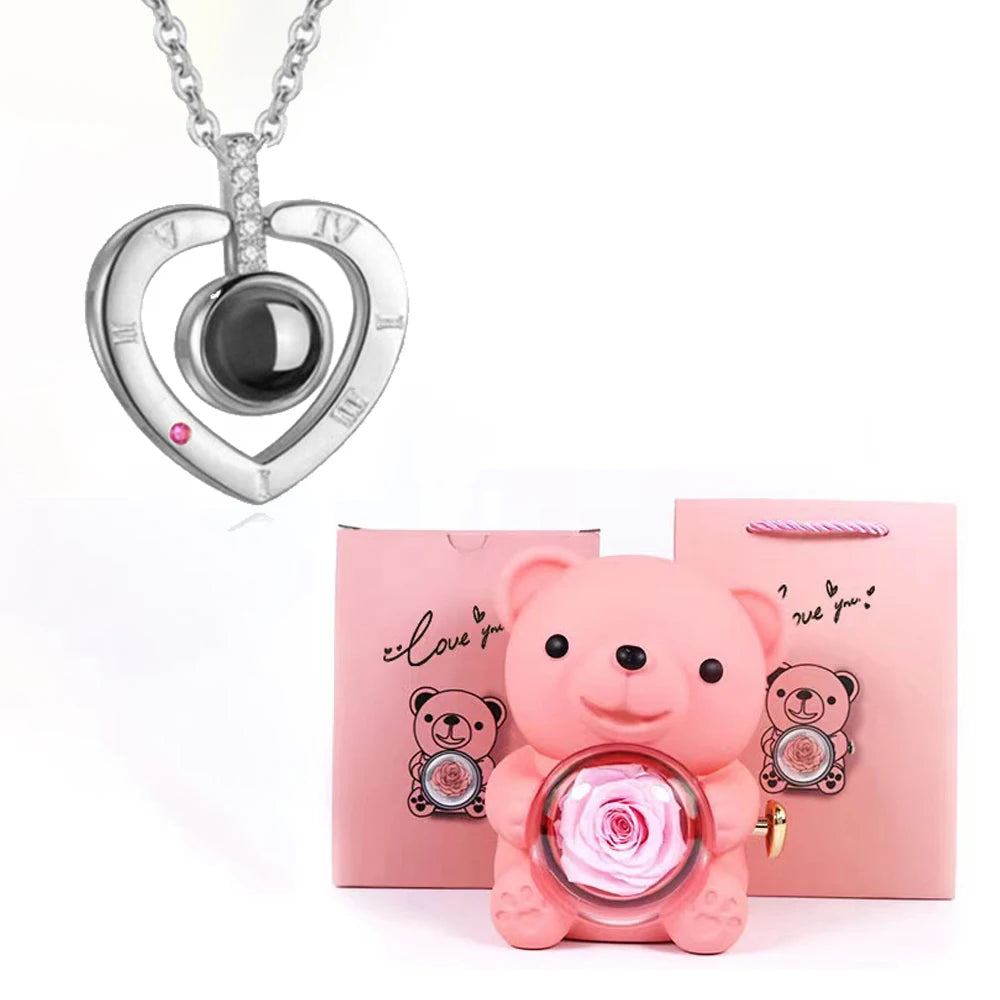I Love You Necklace with Bear & Rose
