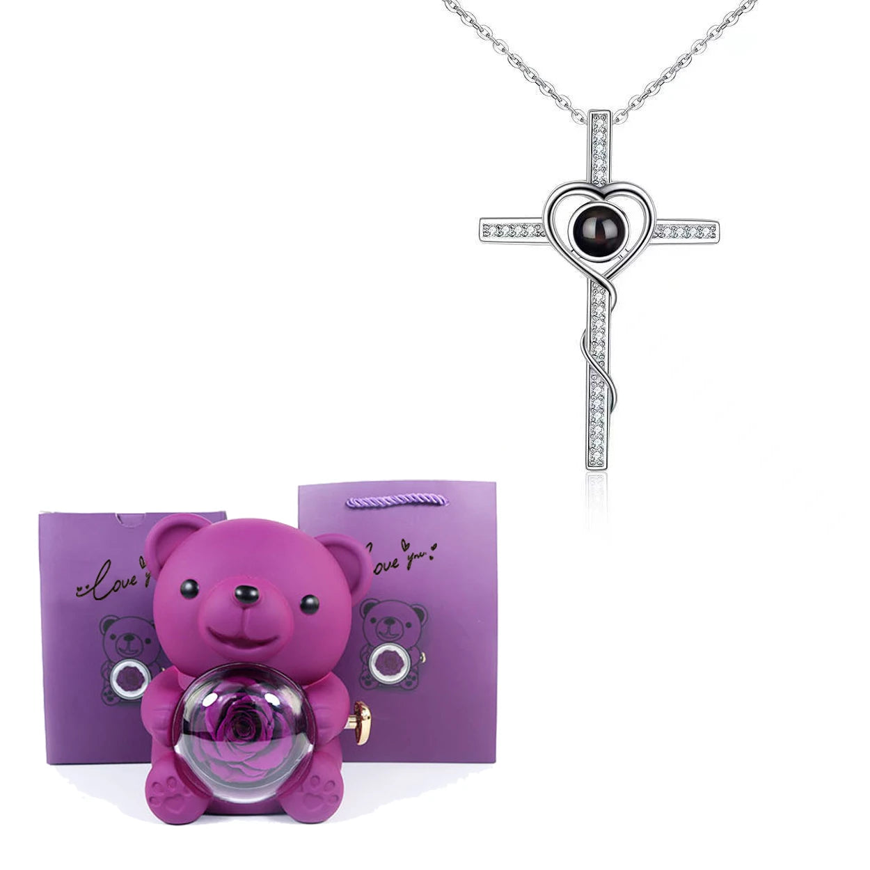 Luxury Bear Rose Gift with Picture Necklace