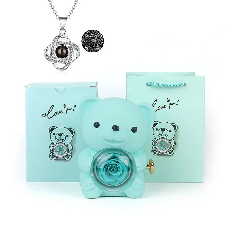 Eternal Rose Bear with 100 Languages Necklace